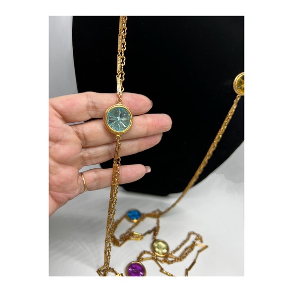 Vintage Judy Lee Gold Hue Colorful Cut Glass 50”L Necklace - Picture 3 of 8